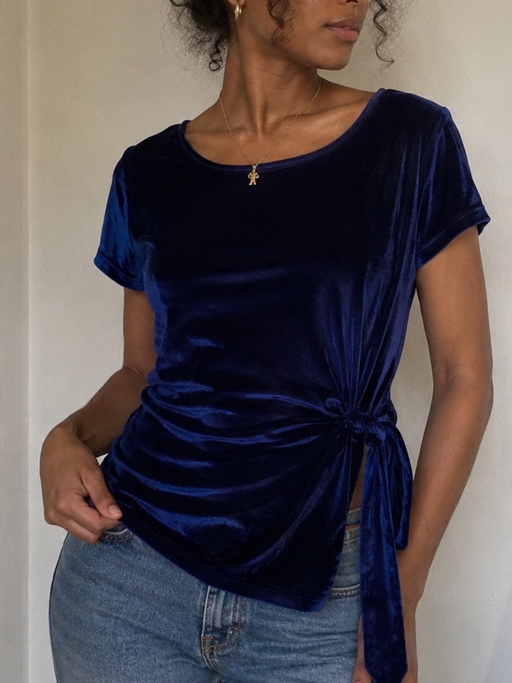 Prelude Navy Velvet Side Tie‎ Top Large Y2K Dark Feminine Romantic